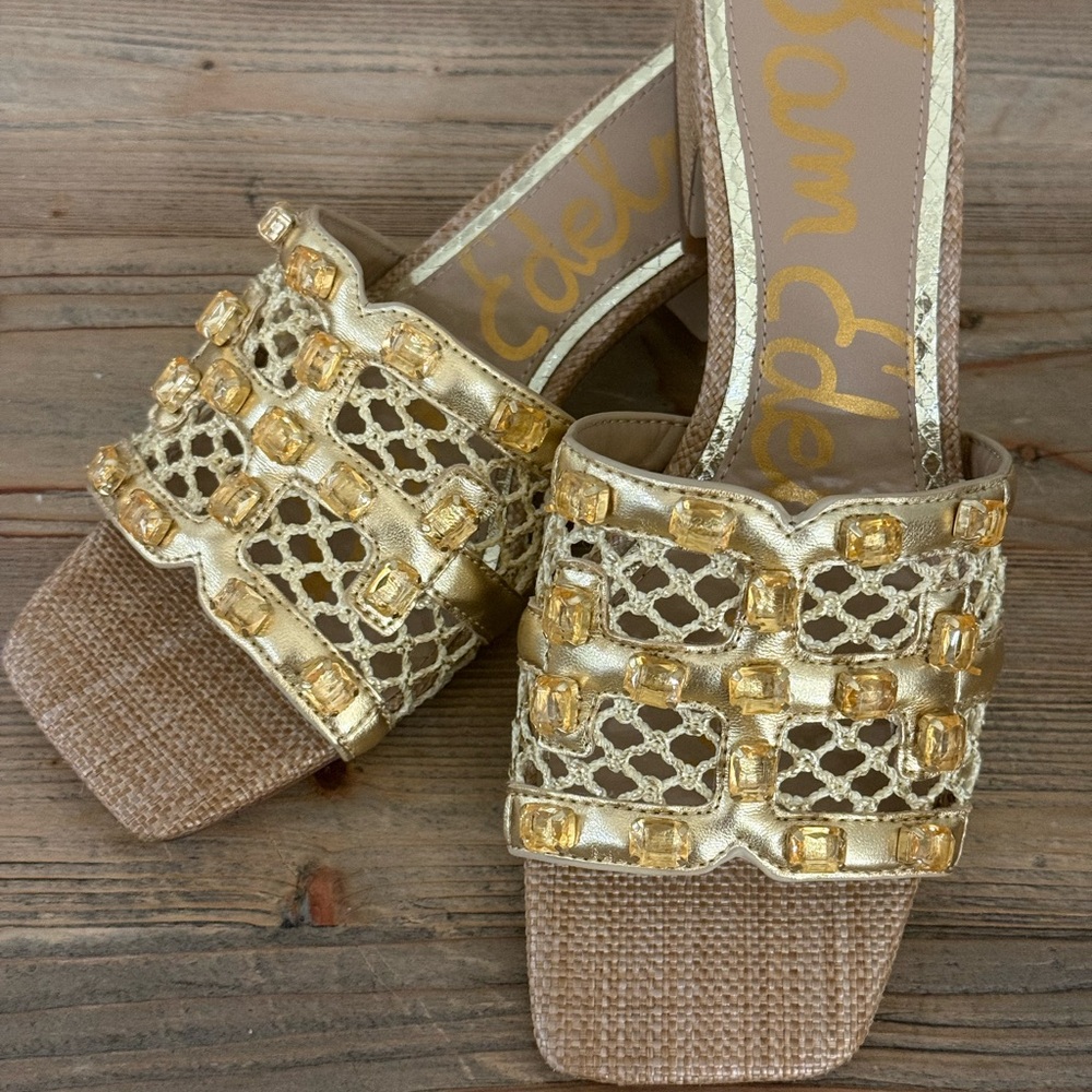 Sam Edelman Gold Jeweled Woven Slide Sandals